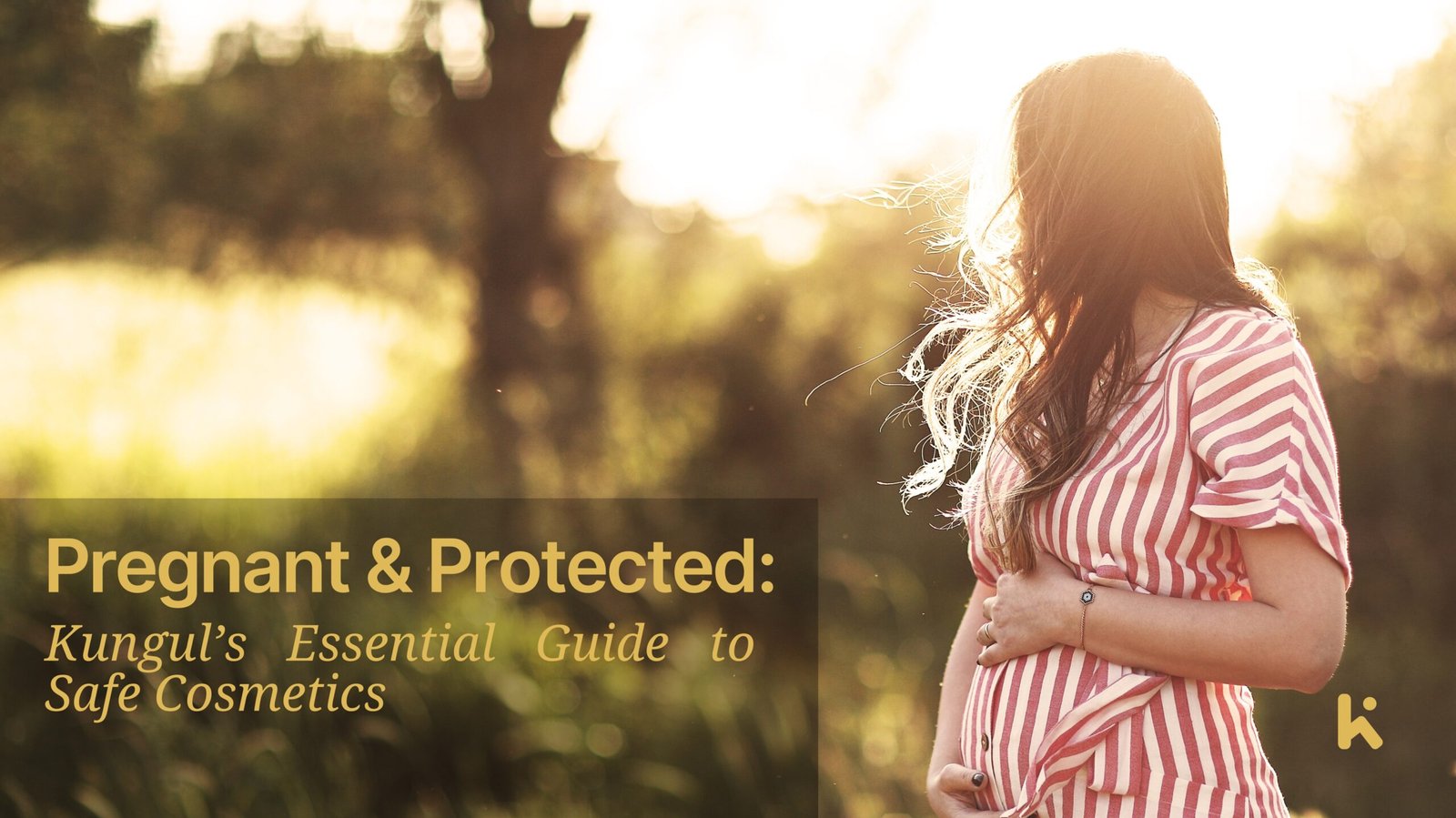 Pregnant woman with a glowing smile, embracing her pregnancy while being surrounded by nature, reflecting the journey of safe cosmetic choices during pregnancy.