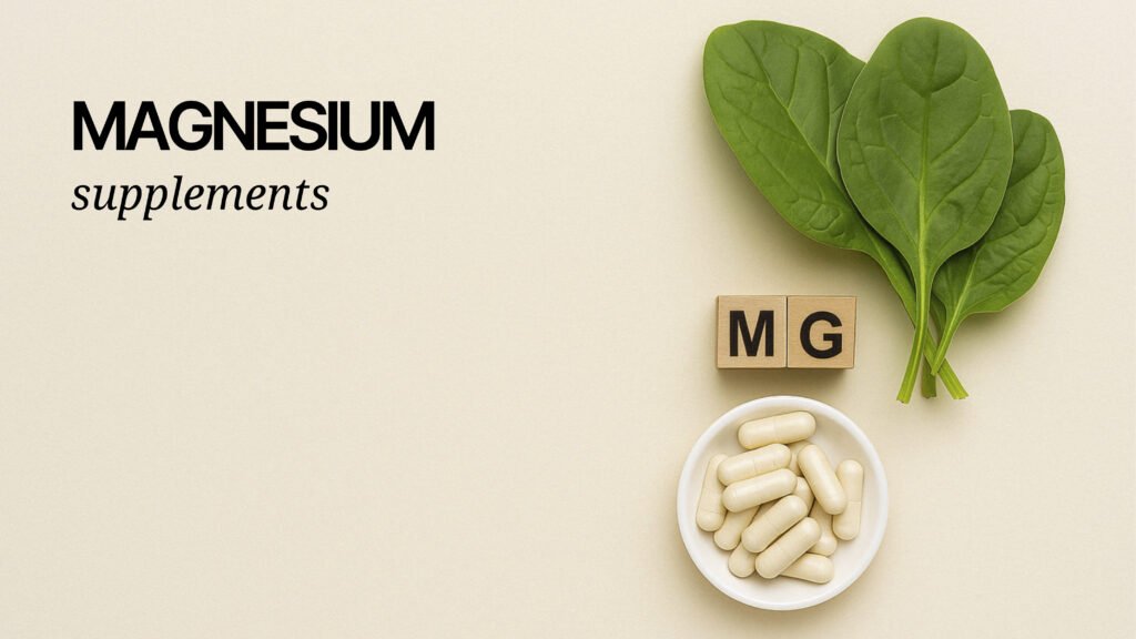 Spinach leaves and magnesium capsules beside wooden blocks labeled MG on a neutral background