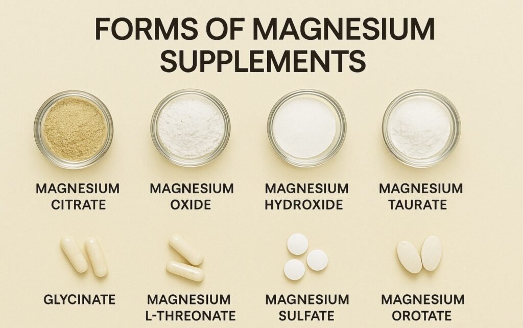 Flat lay of magnesium supplement types including citrate, oxide, glycinate, sulfate, and threonate in bowls and capsules on a beige background