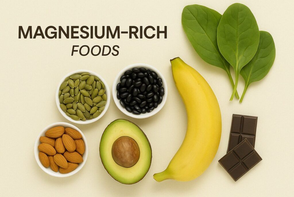 Spinach leaves, banana, avocado, almonds, pumpkin seeds, black beans, and dark chocolate displayed as magnesium-rich foods on a beige background