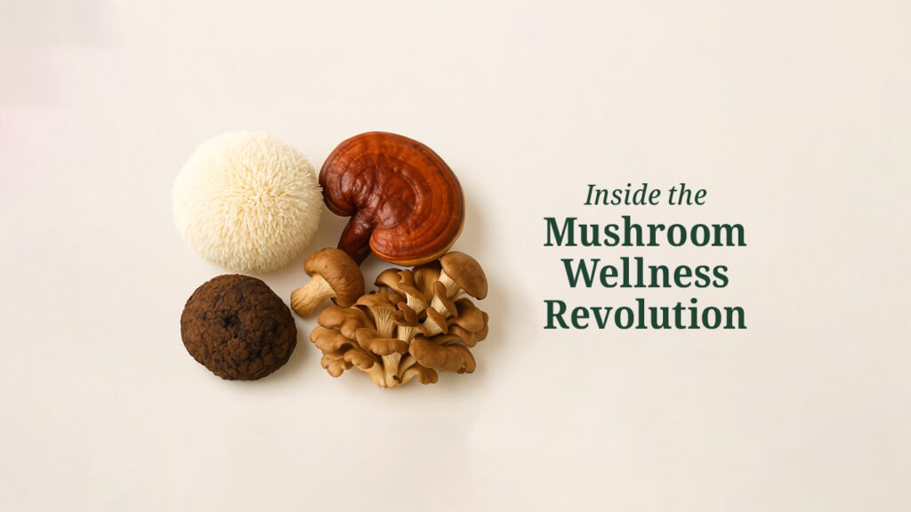 Assorted functional mushrooms including Lion’s Mane, Reishi, and Shiitake arranged on a light background – symbolizing natural wellness and adaptogenic power.